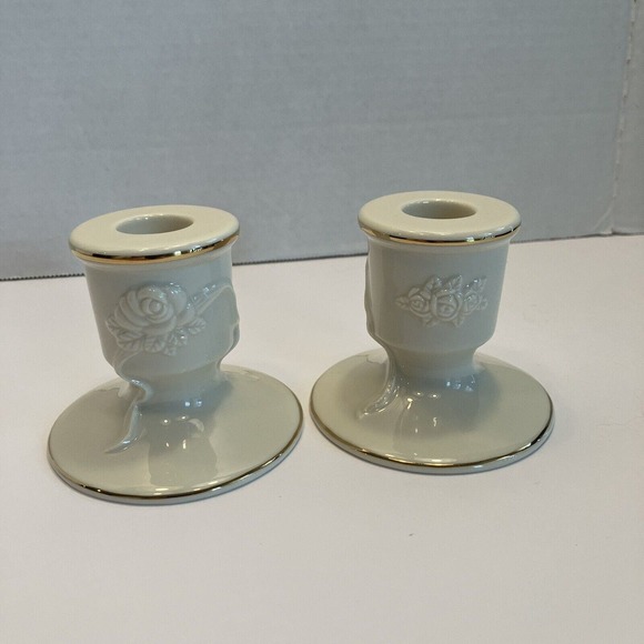 Vintage Lenox Ivory Gold Trim Porcelain Candleholders Tapers Pair Roses - Picture 12 of 12